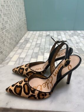 SAM EDELMAN Leopard Print Pointed Slingback Heels - Black & Tan